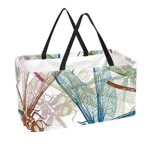 kqnzt reusable grocery bags, large foldable reusable shopping tote bags bulk for groceries, waterproof kitchen cloth produce bags with long handles, retro colored dragonfly