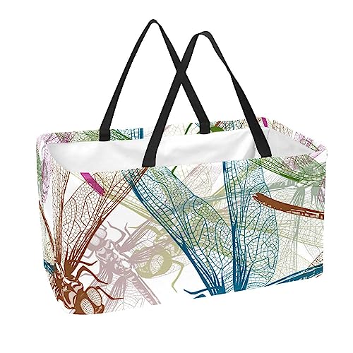 KQNZT Reusable Grocery Bags, Large Foldable Reusable Shopping Tote Bags Bulk for Groceries, Waterproof Kitchen Cloth Produce Bags with Long Handles, Retro Colored Dragonfly