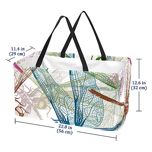 KQNZT Reusable Grocery Bags, Large Foldable Reusable Shopping Tote Bags Bulk for Groceries, Waterproof Kitchen Cloth Produce Bags with Long Handles, Retro Colored Dragonfly