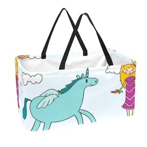 kqnzt reusable grocery bags, large foldable reusable shopping tote bags bulk for groceries, waterproof kitchen cloth produce bags with long handles, unicorn cartoon girl