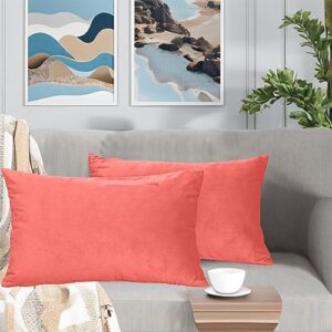 fuldgaenr velvet pillow covers 12x20 set of 2 for couch sofa, coral red cozy decorative throw pillow covers sham lumbar 12 x 20 inch soft solid cushion covers for home decor