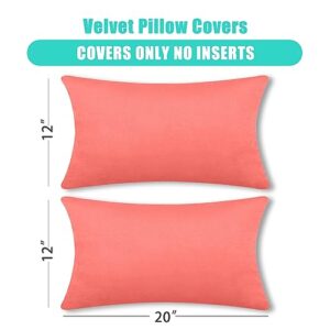 FULDGAENR Velvet Pillow Covers 12x20 Set of 2 for Couch Sofa, Coral Red Cozy Decorative Throw Pillow Covers Sham Lumbar 12 x 20 Inch Soft Solid Cushion Covers for Home Decor