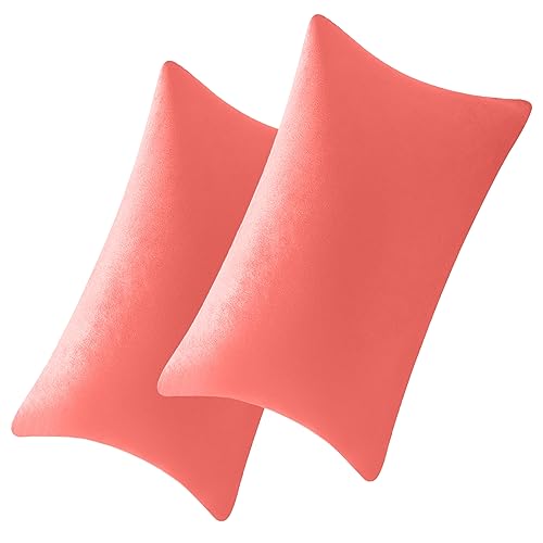 FULDGAENR Velvet Pillow Covers 12x20 Set of 2 for Couch Sofa, Coral Red Cozy Decorative Throw Pillow Covers Sham Lumbar 12 x 20 Inch Soft Solid Cushion Covers for Home Decor