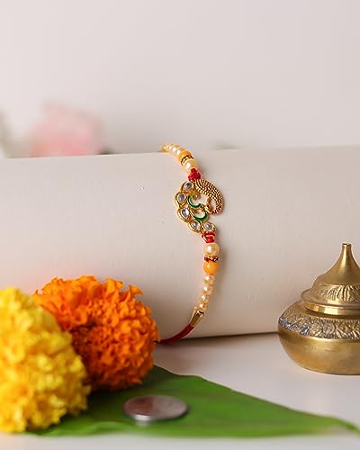 CHERKRAFT Rakhi for Brother Thread for Men/Boy Raksha Bandhan Peacock Design Rakhi with Pearls (Design 6)