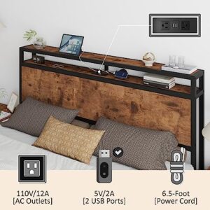 AMERLIFE King Size Storage Bed Frame, Wooden Platform Bed with Charging Station, 4 Drawers & Headboard/No Box Spring Needed/Noise-Free/Dark Brown