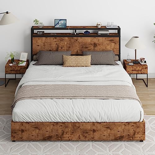 AMERLIFE King Size Storage Bed Frame, Wooden Platform Bed with Charging Station, 4 Drawers & Headboard/No Box Spring Needed/Noise-Free/Dark Brown