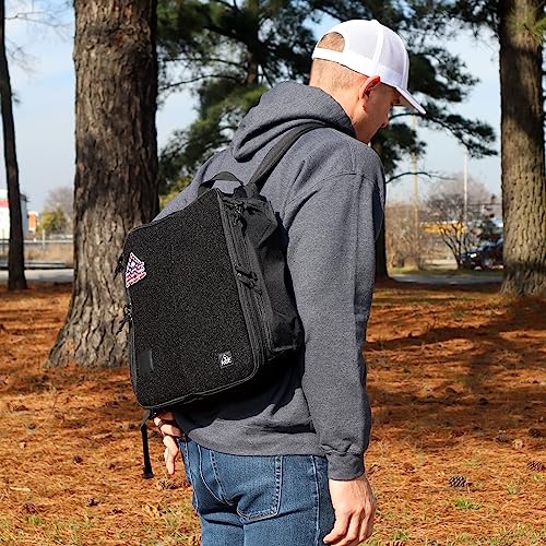 Tan Cornhole Backpack with ACE Patch - Holds Up to Six Cornhole Bag Sets (Up to 24 Bags) - Includes 2 Side Pockets, 2 Phone Holders, 2 Straps, Headphone Passthrough Ports