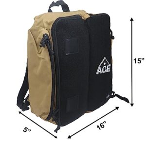 Tan Cornhole Backpack with ACE Patch - Holds Up to Six Cornhole Bag Sets (Up to 24 Bags) - Includes 2 Side Pockets, 2 Phone Holders, 2 Straps, Headphone Passthrough Ports