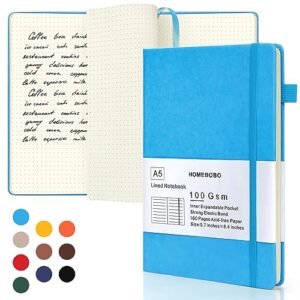 homebobo journals for writing, a5 leather dotted notebook with 160 pages, 100 gms college dot grid journal with thick paper, hardcover with inner pocket & pen holder, blue