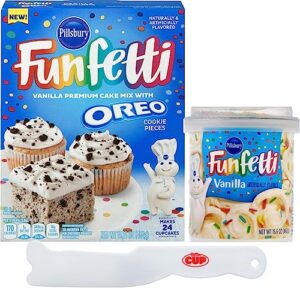 funfetti bundle, includes 1 of each: oreo vanilla cake mix and vanilla frosting with by the cup spatula knife