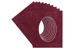 12x16 mat bevel cut for 11x13.5 photos - precut dark red suede oval shaped photo mat board opening - acid free matte to protect your pictures - bevel cut for family photos, pack of 25 matboards show
