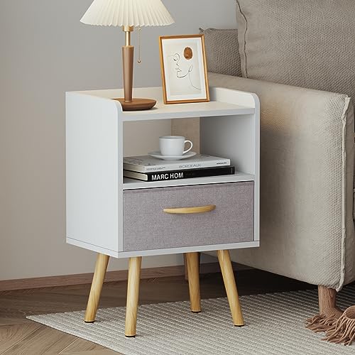 PIKPUK White Nightstand, Modern Bedside Tables with Fabric Drawer, Wooden End Table for Small Space, Narrow Side Table with Open Storage Shelf for Bedroom/Living Room/Dorm.