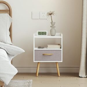 PIKPUK White Nightstand, Modern Bedside Tables with Fabric Drawer, Wooden End Table for Small Space, Narrow Side Table with Open Storage Shelf for Bedroom/Living Room/Dorm.