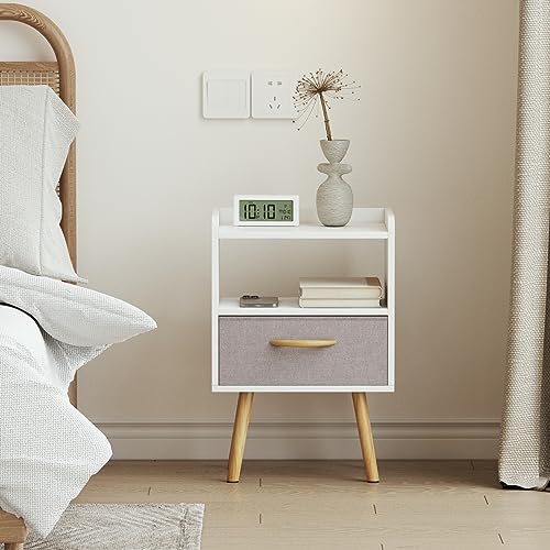 PIKPUK White Nightstand, Modern Bedside Tables with Fabric Drawer, Wooden End Table for Small Space, Narrow Side Table with Open Storage Shelf for Bedroom/Living Room/Dorm.