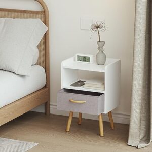 PIKPUK White Nightstand, Modern Bedside Tables with Fabric Drawer, Wooden End Table for Small Space, Narrow Side Table with Open Storage Shelf for Bedroom/Living Room/Dorm.