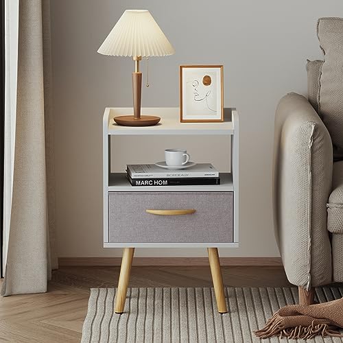 PIKPUK White Nightstand, Modern Bedside Tables with Fabric Drawer, Wooden End Table for Small Space, Narrow Side Table with Open Storage Shelf for Bedroom/Living Room/Dorm.