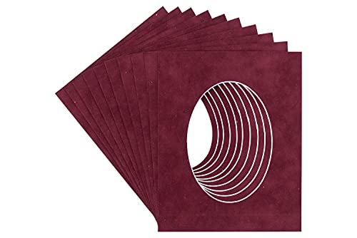 12x18 Mat Bevel Cut for 11x13.5 Photos - Precut Dark Red Suede Oval Shaped Photo Mat Board Opening - Acid Free Matte to Protect Your Pictures - Bevel Cut for Family Photos, Pack of 25 Matboards Show