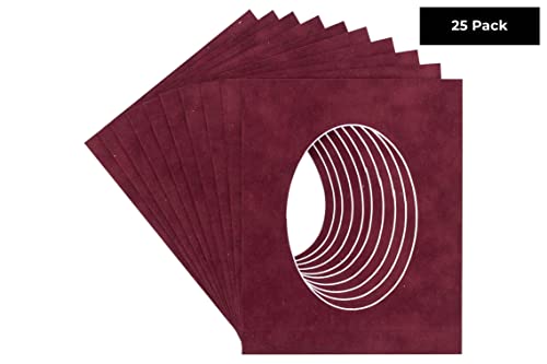 12x18 Mat Bevel Cut for 11x13.5 Photos - Precut Dark Red Suede Oval Shaped Photo Mat Board Opening - Acid Free Matte to Protect Your Pictures - Bevel Cut for Family Photos, Pack of 25 Matboards Show