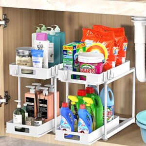 under sink organizers and storage, 2 pack pull-out large capacity under bathroom and kitchen cabinet storage drawer organizer with hooks, multi-purpose heavy load under sink shelf organizer, white