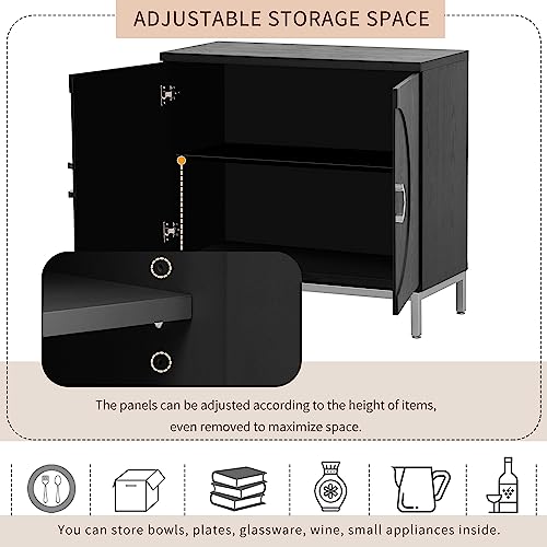 Hlcodca Simple Accent Storage Cabinet with 2 Doors and Adjustable Shelves, Solid Wood Buffet Sideboard Sofa Table with Metal Leg Frame for Living Room Entryway Dining Room (Black@a)