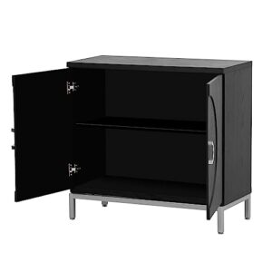 Hlcodca Simple Accent Storage Cabinet with 2 Doors and Adjustable Shelves, Solid Wood Buffet Sideboard Sofa Table with Metal Leg Frame for Living Room Entryway Dining Room (Black@a)