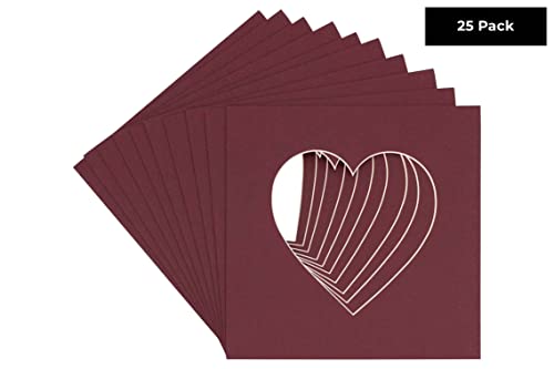 15x15 Mat Bevel Cut for 11x11 Photos - Precut Maroon Heart Shaped Photo Mat Board Opening - Acid Free Matte to Protect Your Pictures - Bevel Cut for Family Photos, Pack of 25 Matboards Show Kits With