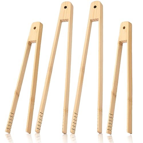 iHaumxs 4 Pcs Bamboo Tongs Set: Wooden Tongs for Cooking, 11.8in Kitchen Long Tongs & 9.8in Toaster Tongs, Bamboo Tongs for Kitchen Salad, Bacon, Pickles,Pasta,Grilling,Toast, Bread, Fruits.NO BPA