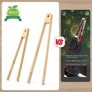 iHaumxs 4 Pcs Bamboo Tongs Set: Wooden Tongs for Cooking, 11.8in Kitchen Long Tongs & 9.8in Toaster Tongs, Bamboo Tongs for Kitchen Salad, Bacon, Pickles,Pasta,Grilling,Toast, Bread, Fruits.NO BPA