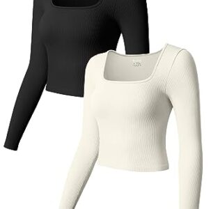 OQQ Women's 2 Piece Crop Shirt Long Sleeve Square Neck Underscrubs Stretch Fitted Layer, Black,beige, Large