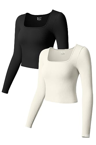 OQQ Women's 2 Piece Crop Shirt Long Sleeve Square Neck Underscrubs Stretch Fitted Layer, Black,beige, Large