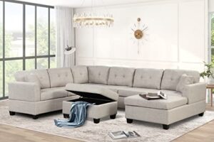 p purlove sectional sofa, large sectional sofa with storage ottoman, u shaped linen sectional couch with 2 throw pillows for living room, large space apartment (beige)