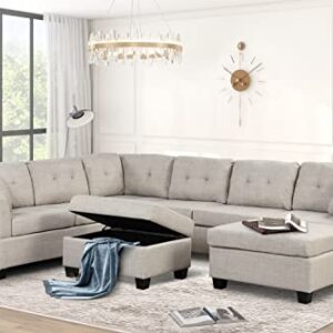 P PURLOVE Sectional Sofa, Large Sectional Sofa with Storage Ottoman, U Shaped Linen Sectional Couch with 2 Throw Pillows for Living Room, Large Space Apartment (Beige)