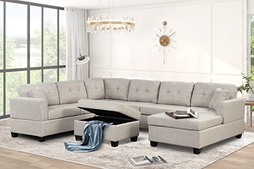 P PURLOVE Sectional Sofa, Large Sectional Sofa with Storage Ottoman, U Shaped Linen Sectional Couch with 2 Throw Pillows for Living Room, Large Space Apartment (Beige)