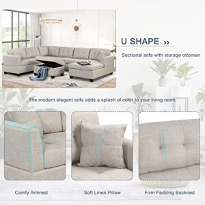 P PURLOVE Sectional Sofa, Large Sectional Sofa with Storage Ottoman, U Shaped Linen Sectional Couch with 2 Throw Pillows for Living Room, Large Space Apartment (Beige)