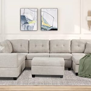 P PURLOVE Sectional Sofa, Large Sectional Sofa with Storage Ottoman, U Shaped Linen Sectional Couch with 2 Throw Pillows for Living Room, Large Space Apartment (Beige)