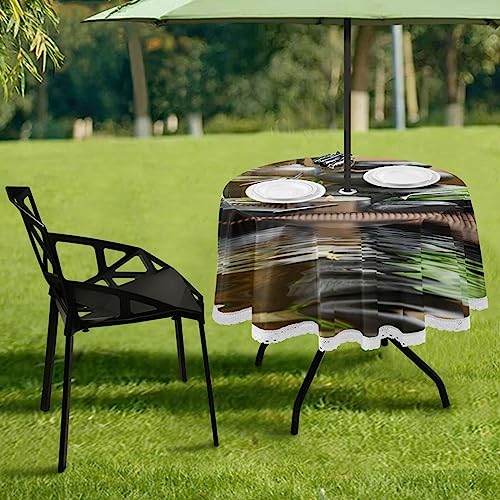 Kigai Zen Basalt Stones on Wood Outdoor Tablecloth 60 Inch Waterproof Round Lace Fabric Table Cloth Table Cover with Umbrella Hole and Zipper for Camping Patio BBQ Backyard Holiday Party Decor