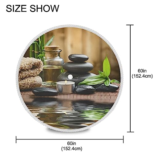 Kigai Zen Basalt Stones on Wood Outdoor Tablecloth 60 Inch Waterproof Round Lace Fabric Table Cloth Table Cover with Umbrella Hole and Zipper for Camping Patio BBQ Backyard Holiday Party Decor