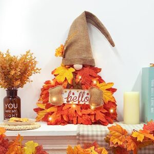 Gnome Fall Wreath for Door Decor, 28 Inch Hello Fall Sign with Maple Leaf Fairy String Lights for Autumn Harvest Thanksgiving Front Porch Wall Mantel Fall Home Decorations