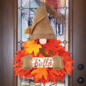 gnome fall wreath for door decor, 28 inch hello fall sign with maple leaf fairy string lights for autumn harvest thanksgiving front porch wall mantel fall home decorations