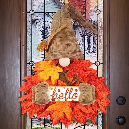 Gnome Fall Wreath for Door Decor, 28 Inch Hello Fall Sign with Maple Leaf Fairy String Lights for Autumn Harvest Thanksgiving Front Porch Wall Mantel Fall Home Decorations