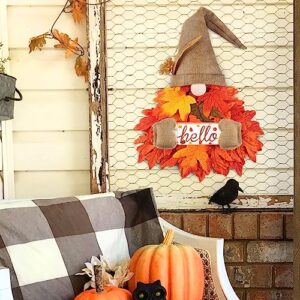 Gnome Fall Wreath for Door Decor, 28 Inch Hello Fall Sign with Maple Leaf Fairy String Lights for Autumn Harvest Thanksgiving Front Porch Wall Mantel Fall Home Decorations