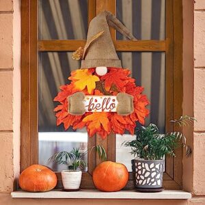 Gnome Fall Wreath for Door Decor, 28 Inch Hello Fall Sign with Maple Leaf Fairy String Lights for Autumn Harvest Thanksgiving Front Porch Wall Mantel Fall Home Decorations