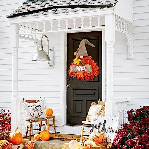 Gnome Fall Wreath for Door Decor, 28 Inch Hello Fall Sign with Maple Leaf Fairy String Lights for Autumn Harvest Thanksgiving Front Porch Wall Mantel Fall Home Decorations