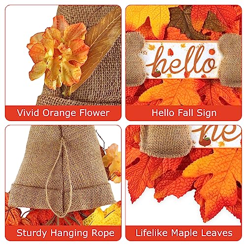 Gnome Fall Wreath for Door Decor, 28 Inch Hello Fall Sign with Maple Leaf Fairy String Lights for Autumn Harvest Thanksgiving Front Porch Wall Mantel Fall Home Decorations