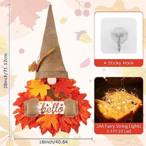 Gnome Fall Wreath for Door Decor, 28 Inch Hello Fall Sign with Maple Leaf Fairy String Lights for Autumn Harvest Thanksgiving Front Porch Wall Mantel Fall Home Decorations