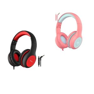 earfun kids headphones wired with microphone, 85/94db volume limit headphones for kids, portable wired headphones with shareport, black red & pink