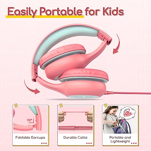 EarFun Kids Headphones Wired with Microphone, 85/94dB Volume Limit Headphones for Kids, Portable Wired Headphones with Shareport, Black Red & Pink