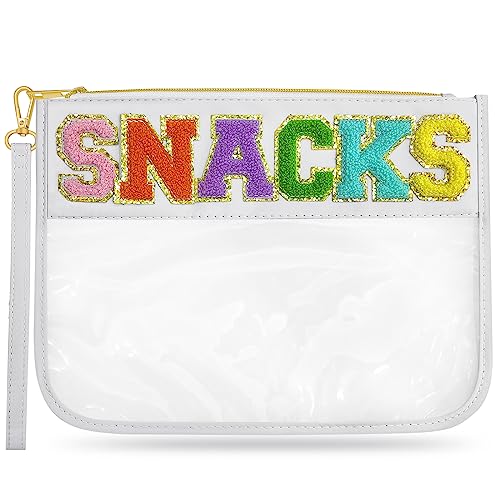 LSxia Chenille Letter Clear Travel Zipper Pouch Nylon Makeup Bag, Preppy Makeup Bag Clear Cosmetic Toiletry Bag, Water-proof Makeup Travel Pouch Snack Bags for Women Girls (White-Snacks)