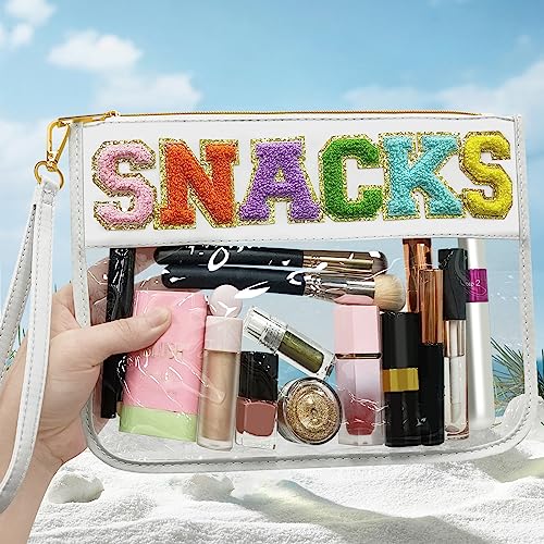 LSxia Chenille Letter Clear Travel Zipper Pouch Nylon Makeup Bag, Preppy Makeup Bag Clear Cosmetic Toiletry Bag, Water-proof Makeup Travel Pouch Snack Bags for Women Girls (White-Snacks)