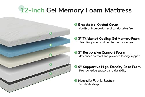 Novilla King Size Mattress, 12 Inch Gel Memory Foam Mattress King, Mattress in a Box for Back Pain Relief, Medium Firm Mattress with Edge Support & Motion Isolation, Ataraxia